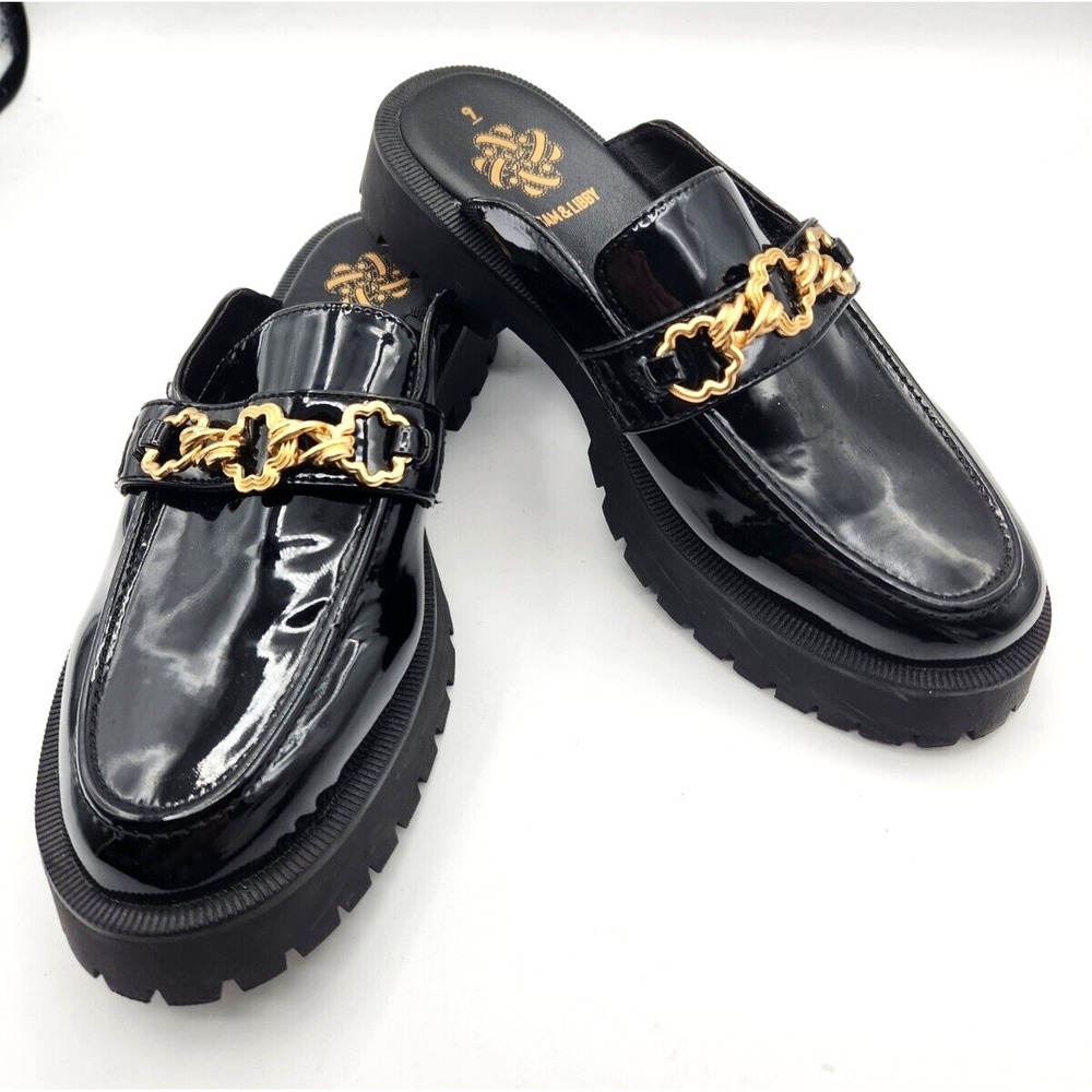 Sam & Libby Reese Black Loafer Womens Sz 9 Lug Sole Chunky Slip On Mule Shoe
